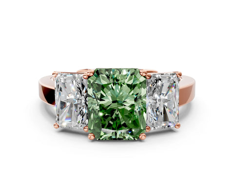 Rose gold Three-Stone Fancy Green Radiant Cut Cut Diamond Engagement Ring with Flat Band and Four-Prong Setting