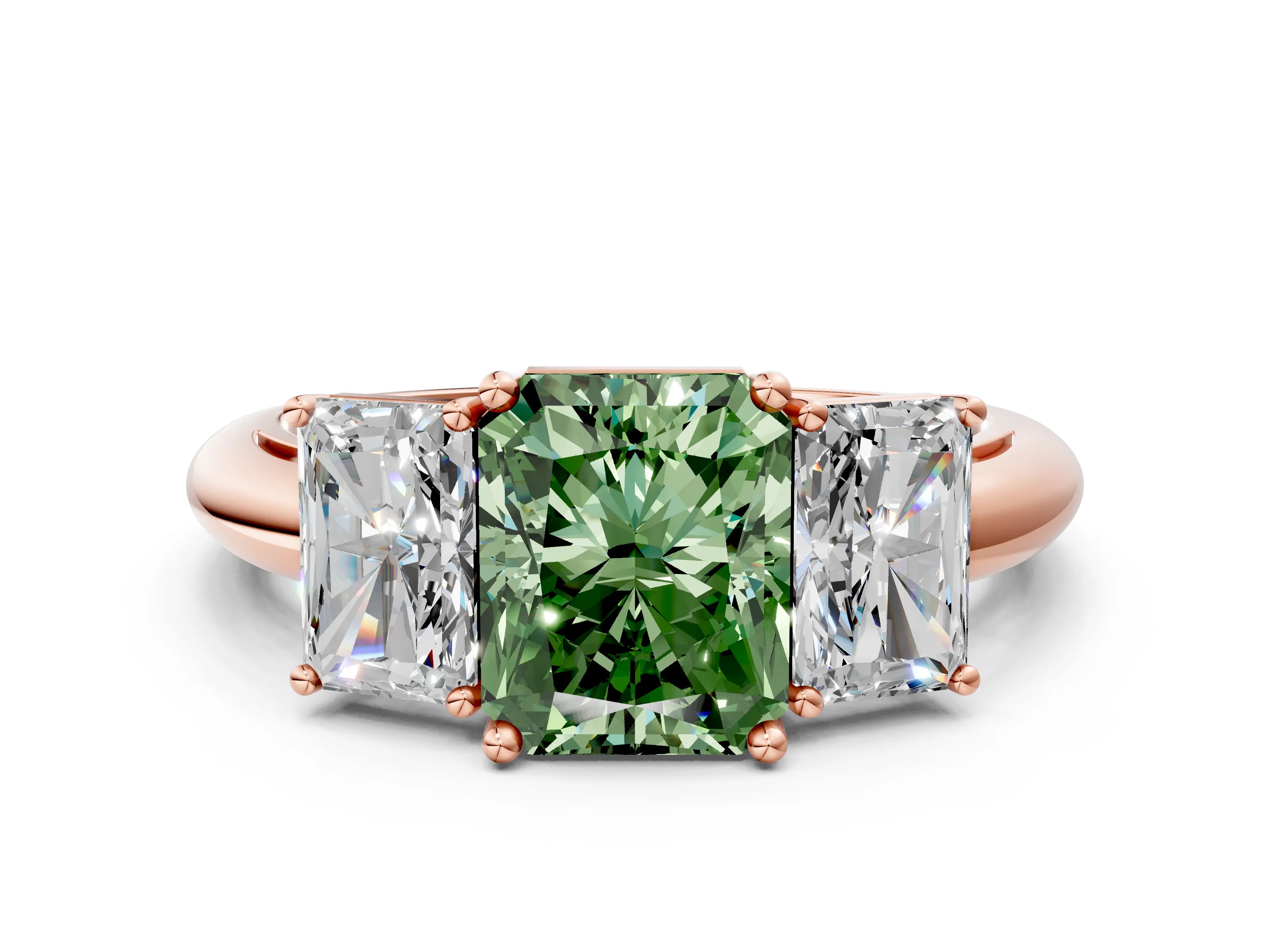 Rose gold Three-Stone Fancy Green Radiant Cut Cut Diamond Engagement Ring with Prong Setting on a White Gold Band