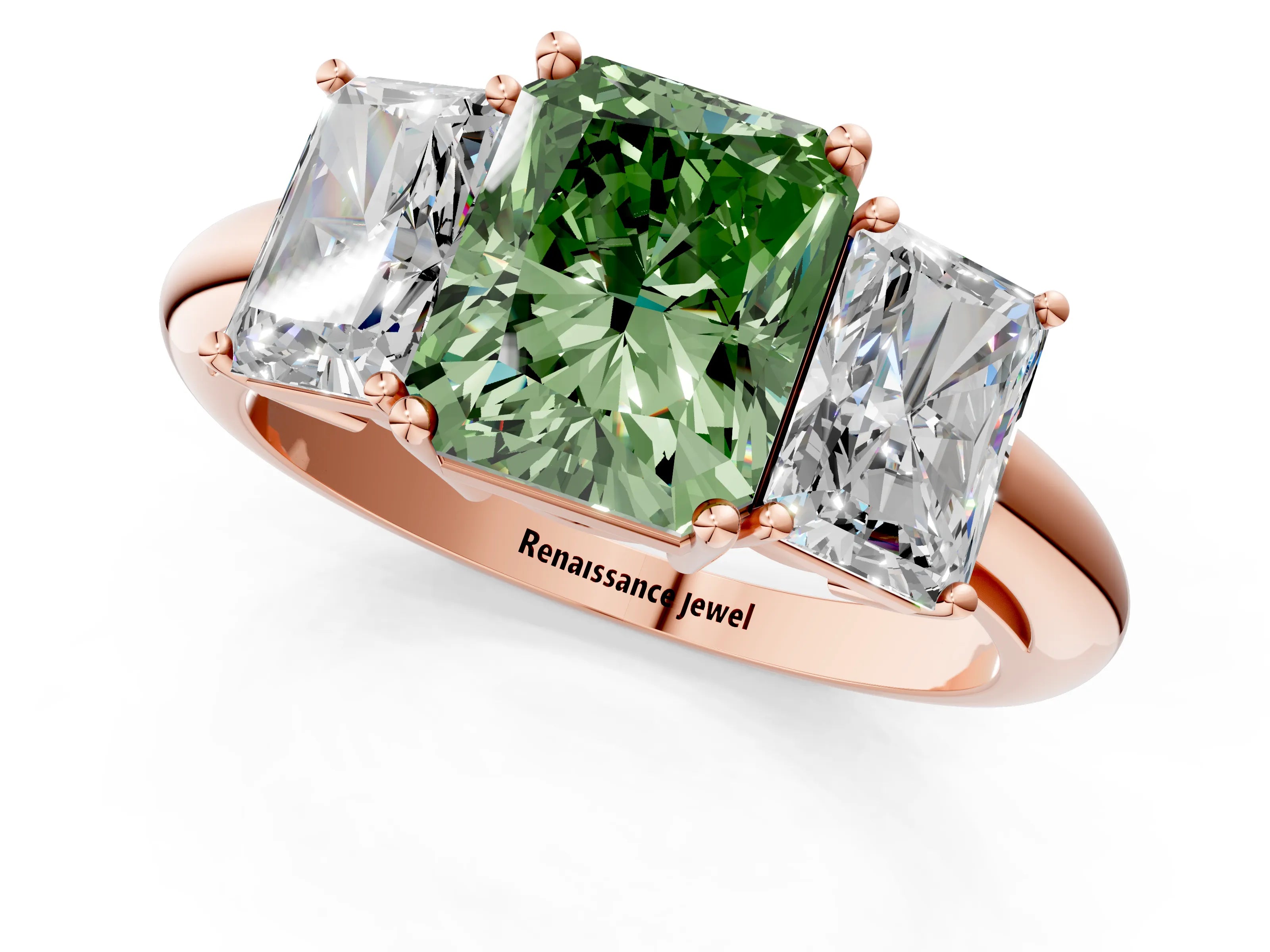 Rose gold Three-Stone Fancy Green Radiant Cut Cut Diamond Engagement Ring with Prong Setting on a White Gold Band_1