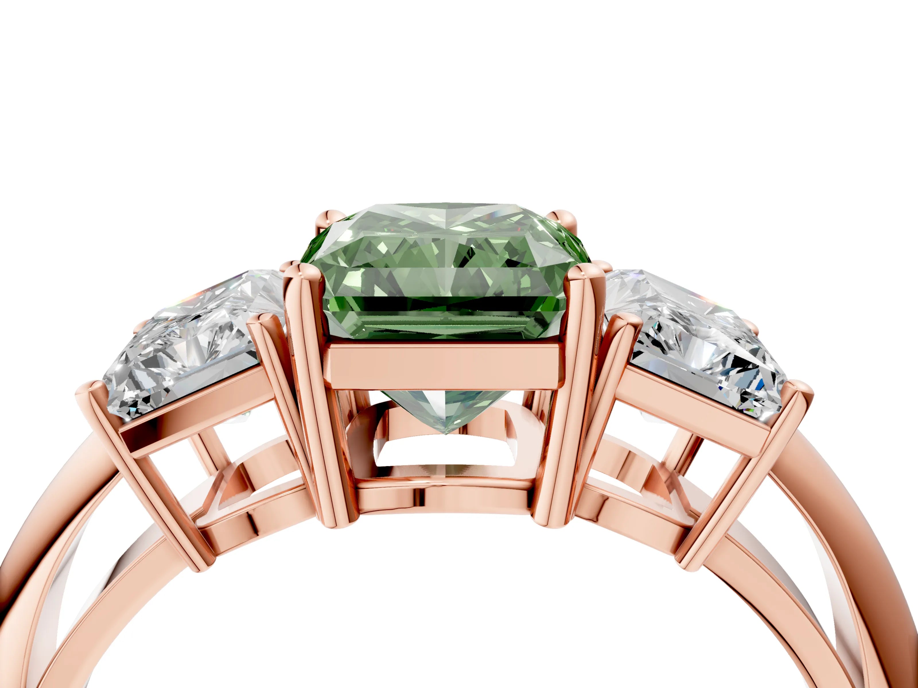 Rose gold Three-Stone Fancy Green Radiant Cut Cut Diamond Engagement Ring with Prong Setting on a White Gold Band_4