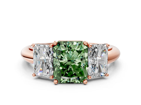 Rose gold Three-Stone Fancy Green Radiant Cut Cut Diamond Engagement Ring with Prong Setting on a White Gold Band