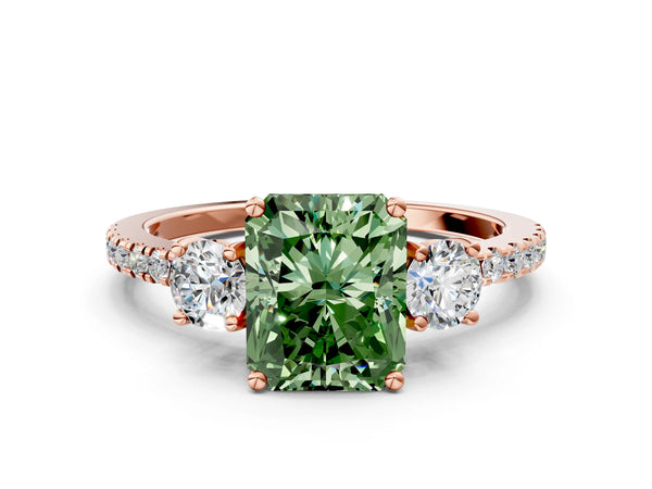 Rose gold Three-Stone Fancy Green Radiant Cut Cut Diamond Pavé Band with Prong Setting