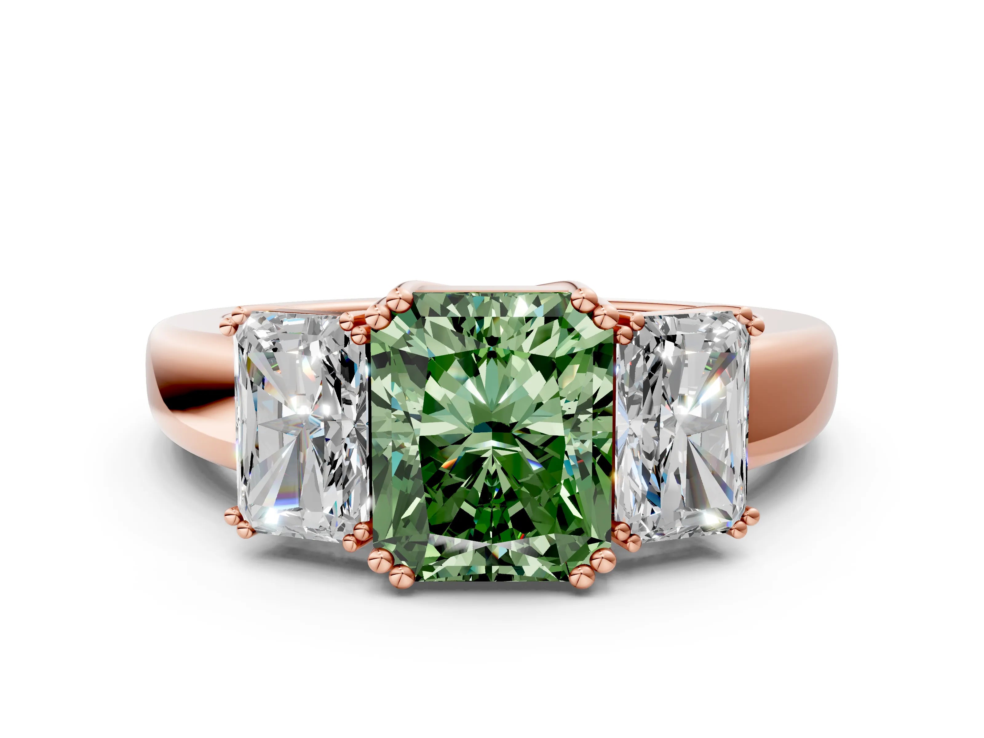 Rose gold Three-Stone Fancy Green Radiant Cut Cut Diamond Ring with Channel Set Band and Four-Prong Setting