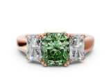 Rose gold Three-Stone Fancy Green Radiant Cut Cut Diamond Ring with Channel Set Band and Four-Prong Setting