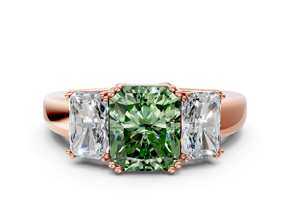 Rose gold Three-Stone Fancy Green Radiant Cut Cut Diamond Ring with Channel Set Band and Four-Prong Setting_24
