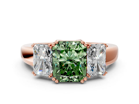Rose gold Three-Stone Fancy Green Radiant Cut Cut Diamond Ring with Channel Set Band and Four-Prong Setting