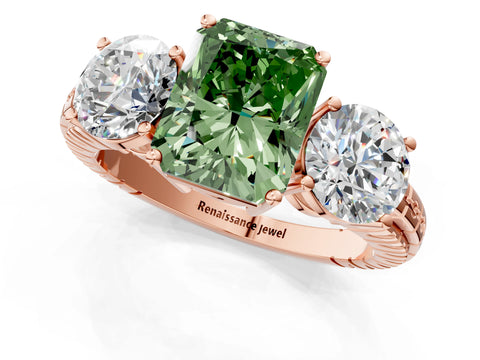 Rose gold Three-Stone Fancy Green Radiant Cut Cut Diamond Ring with Channel-Set Band and Prong Setting_1