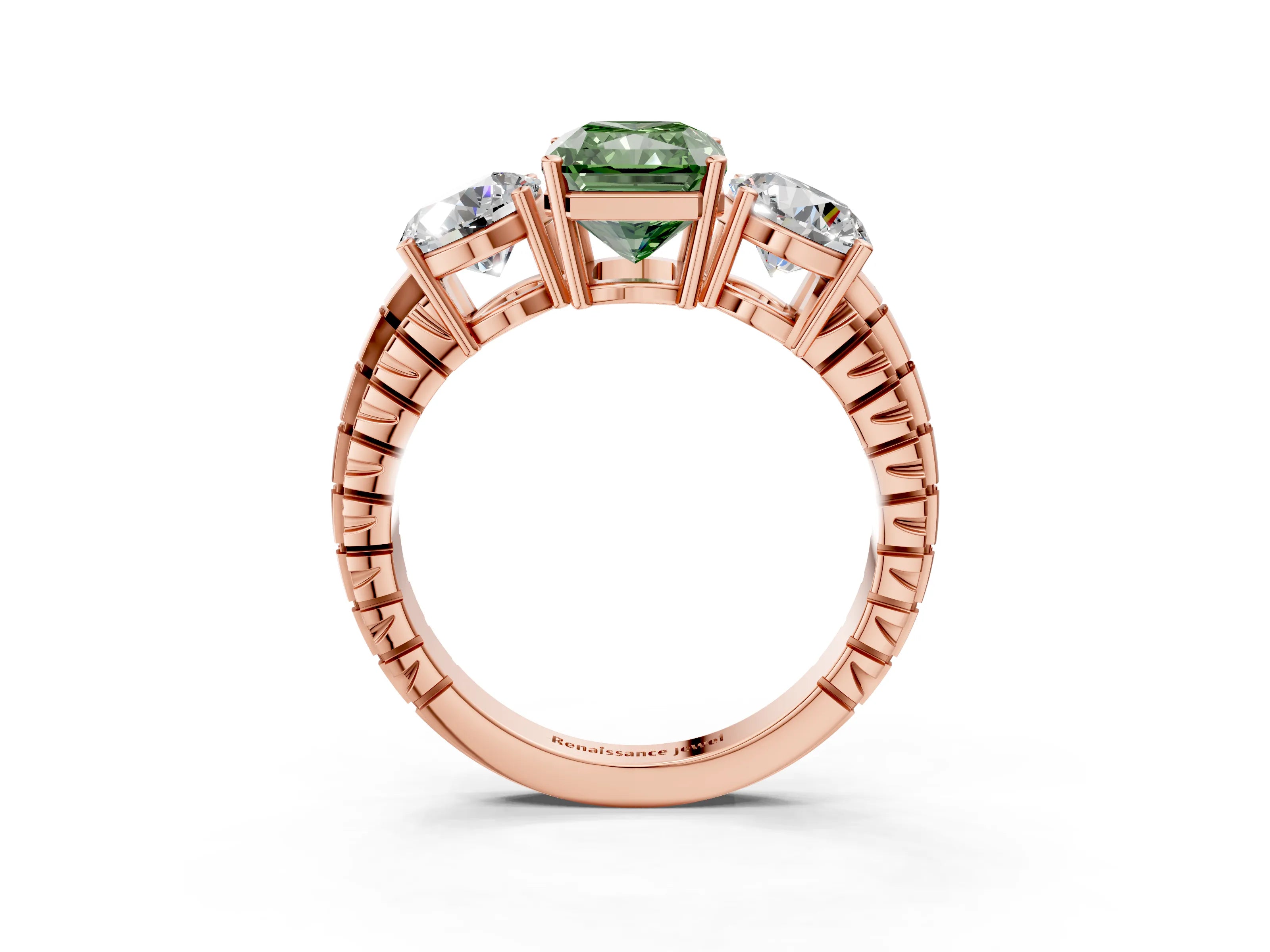 Rose gold Three-Stone Fancy Green Radiant Cut Cut Diamond Ring with Channel-Set Band and Prong Setting_3