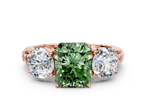 Rose gold Three-Stone Fancy Green Radiant Cut Cut Diamond Ring with Channel-Set Band and Prong Setting