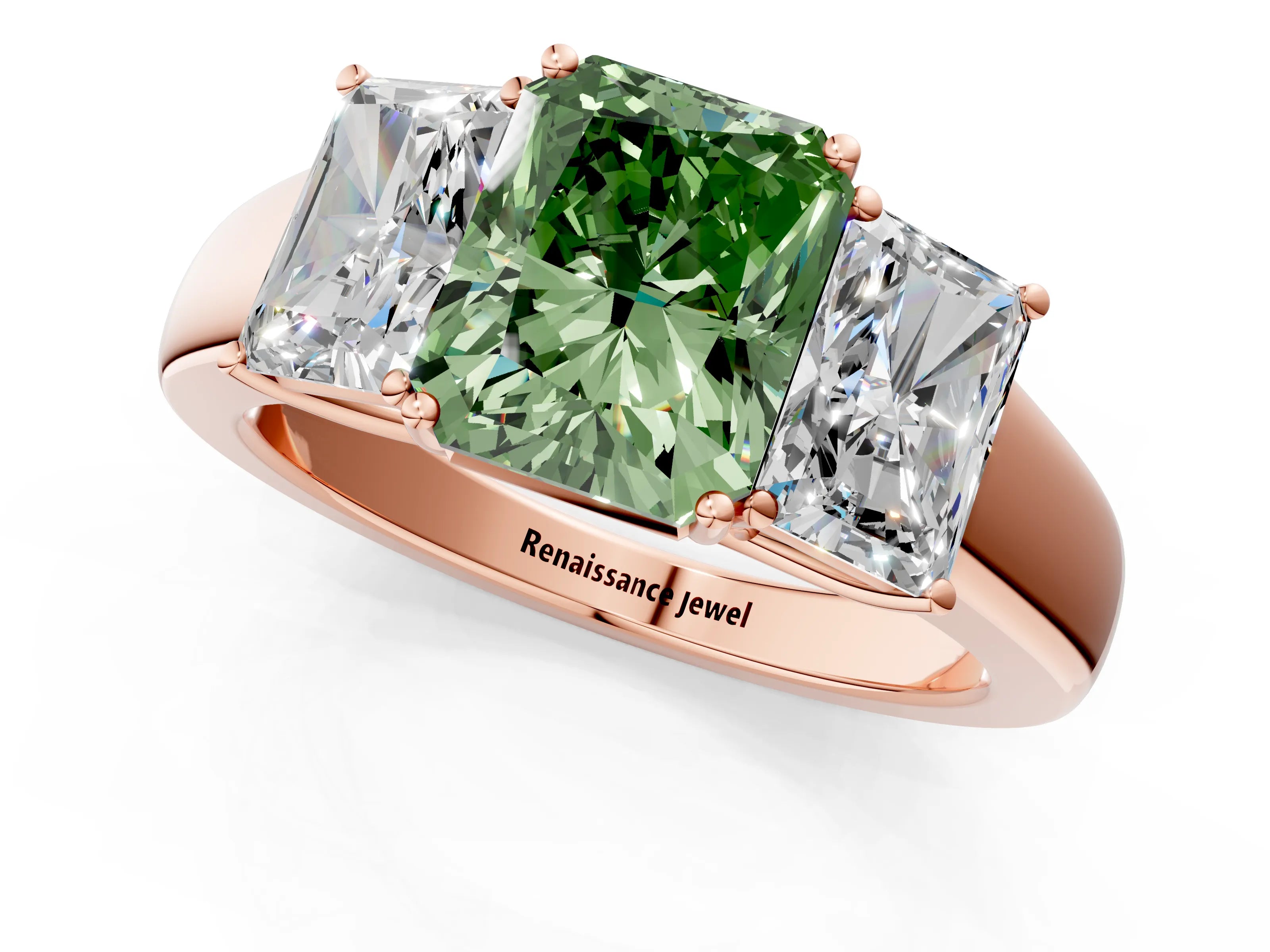 Rose gold Three-Stone Fancy Green Radiant Cut Cut Diamond Ring with Prong Setting and Classic Band_1