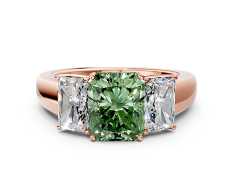 Rose gold Three-Stone Fancy Green Radiant Cut Cut Diamond Ring with Prong Setting and Classic Band