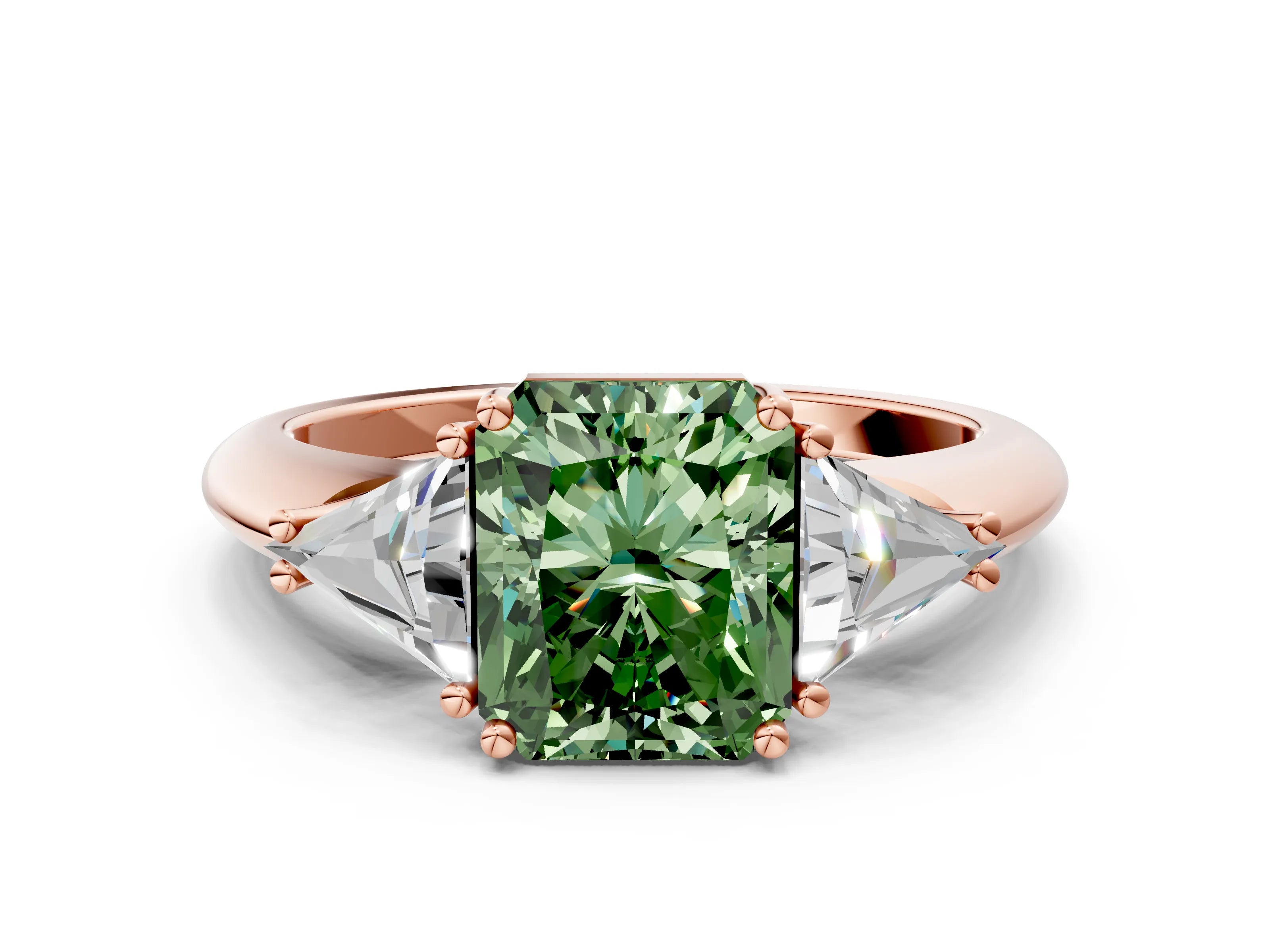 Rose gold Three-Stone Fancy Green Radiant Cut Cut Diamond Ring with Trillion Side Stones and Four-Prong Setting_3