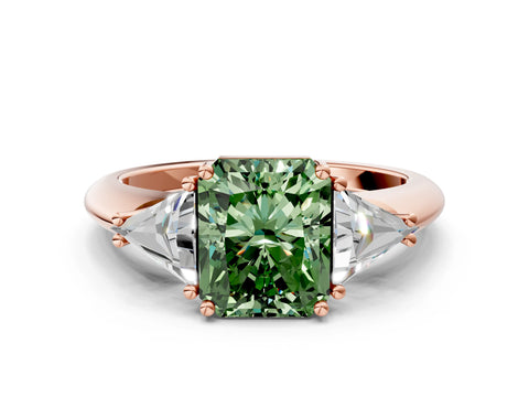 Rose gold Three-Stone Fancy Green Radiant Cut Cut Diamond Ring with Trillion Side Stones and Four-Prong Setting_3