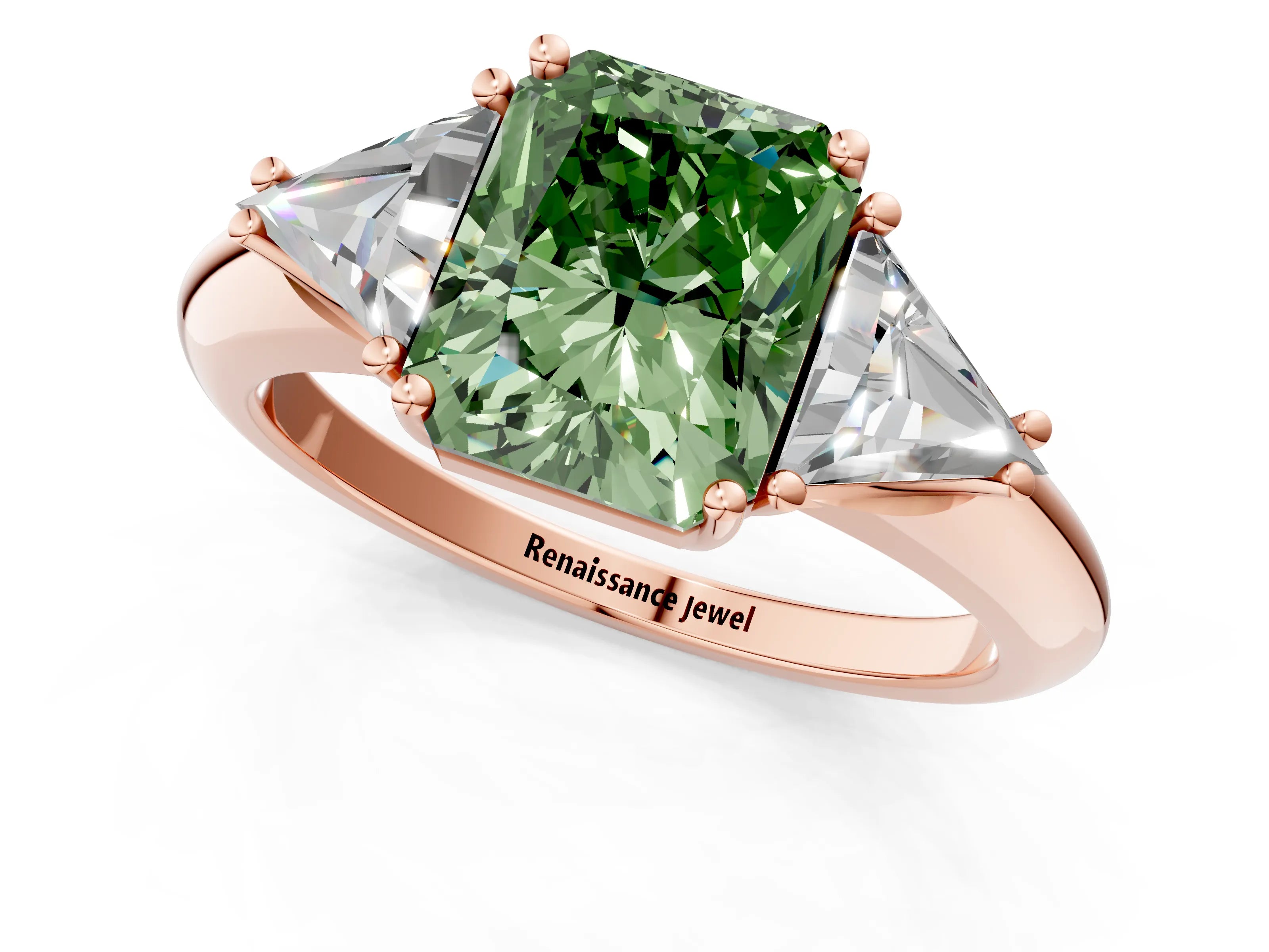 Rose gold Three-Stone Fancy Green Radiant Cut Cut Diamond Ring with Trillion Side Stones and Four-Prong Setting_4