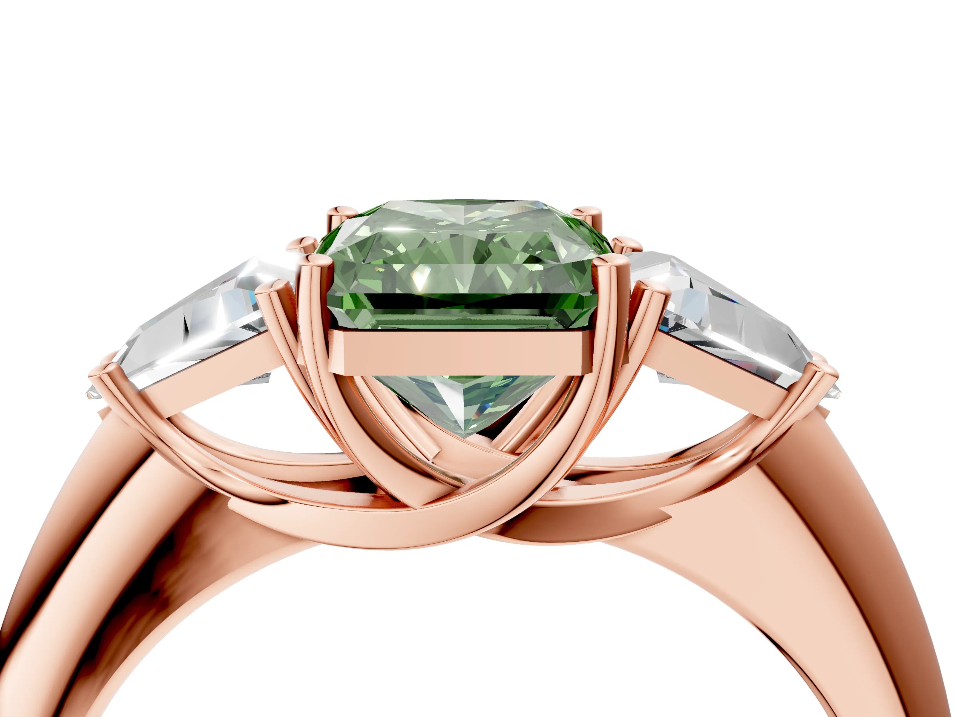 Rose gold Three-Stone Fancy Green Radiant Cut Cut Diamond Ring with Trillion Side Stones and Four-Prong Setting_7