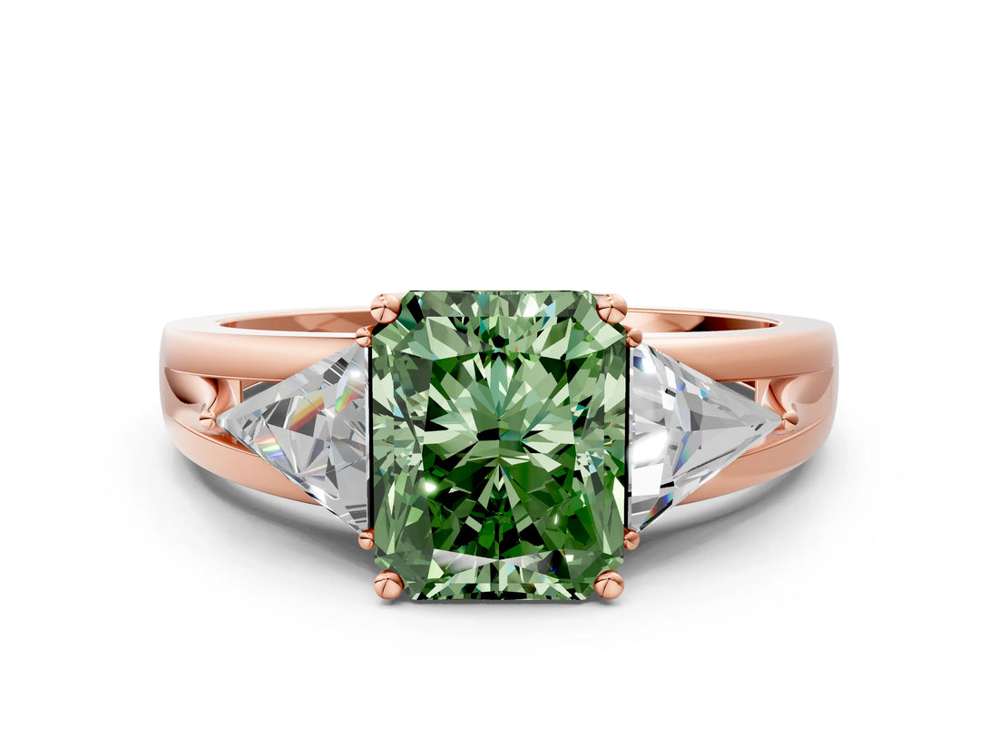 Rose gold Three-Stone Fancy Green Radiant Cut Cut Diamond Ring with Trillion Side Stones on a Split Shank Band