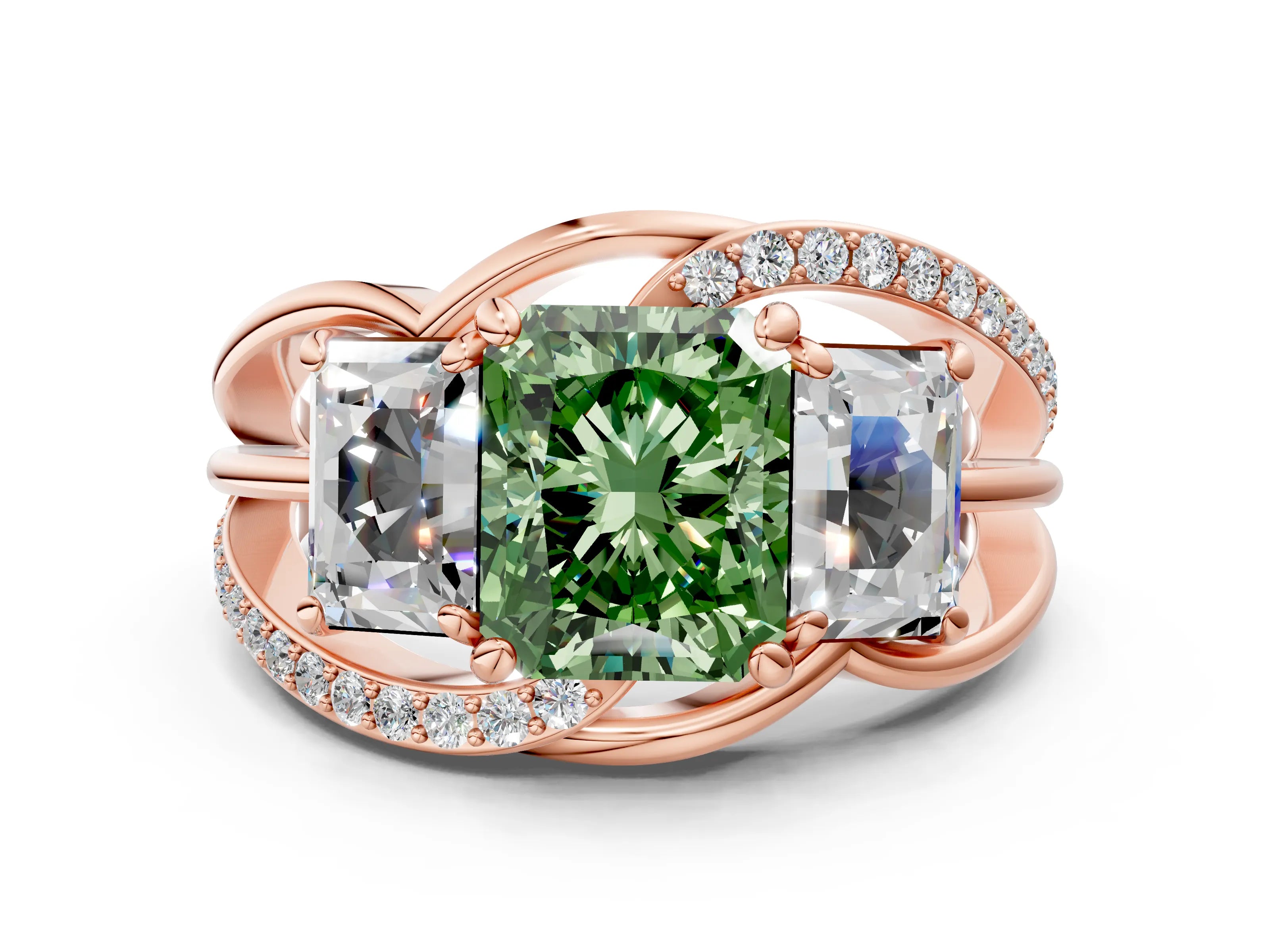 Rose gold Three-Stone Fancy Green Radiant Cut Cut Diamond Split Shank Prong Set Ring_12