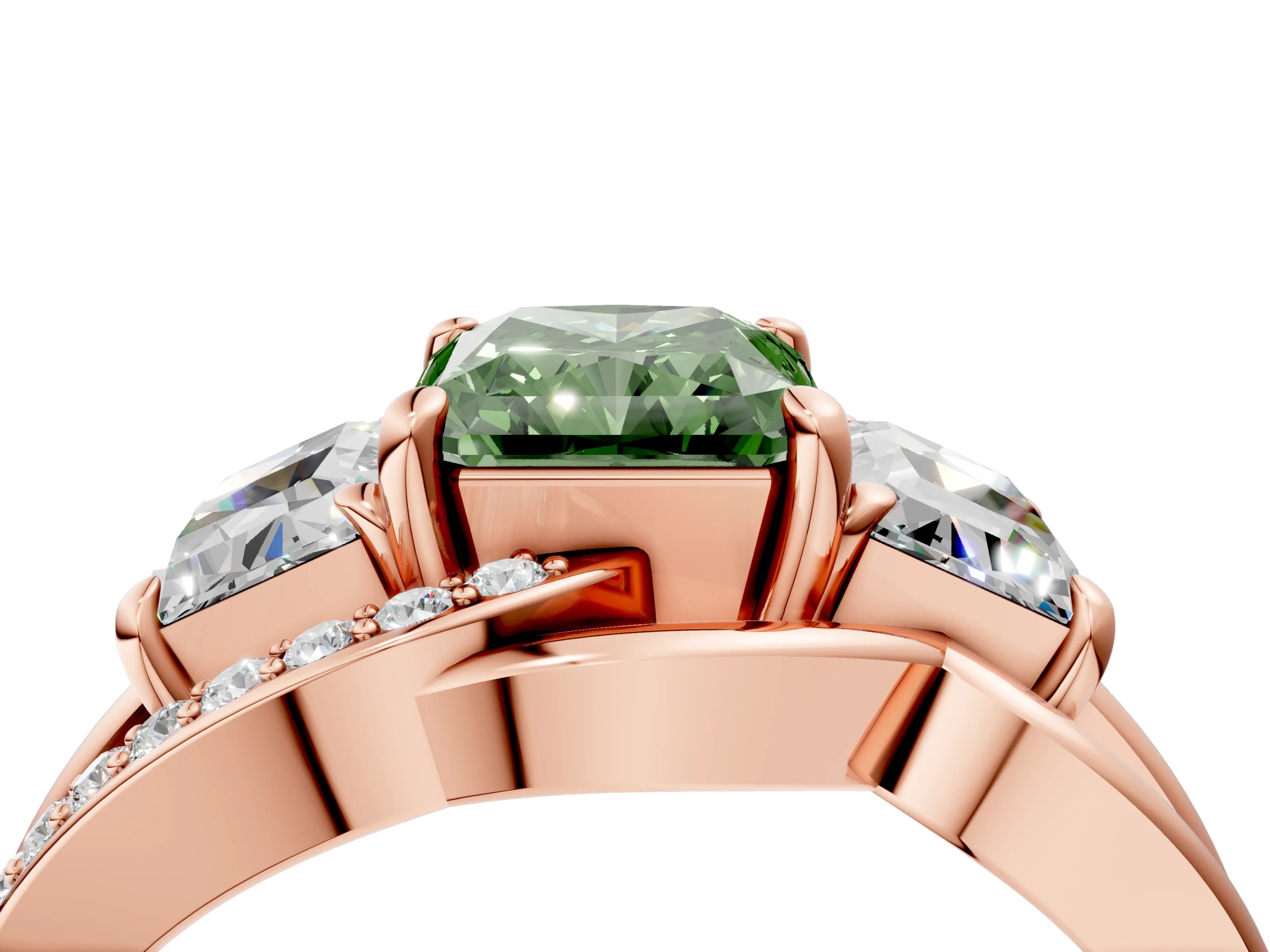 Rose gold Three-Stone Fancy Green Radiant Cut Cut Diamond Split Shank Prong Set Ring_16