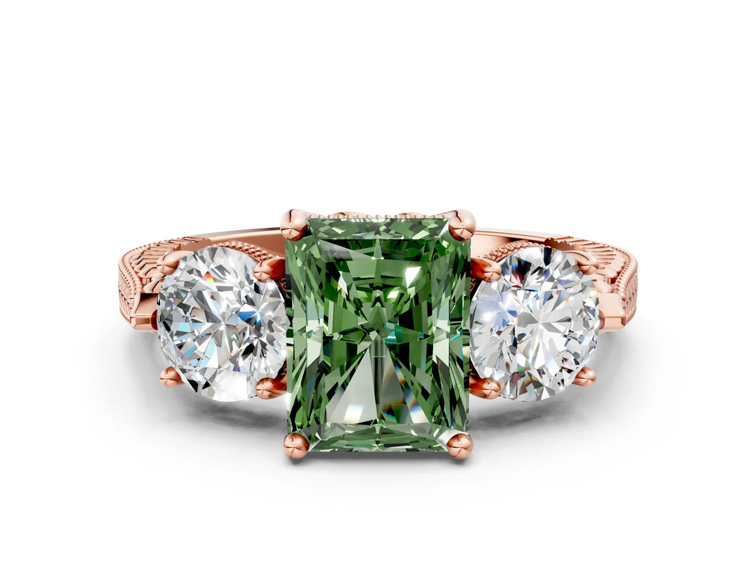 Rose gold Three-Stone Fancy Green Radiant Cut Cut Milgrain Band Prong Setting Ring_6