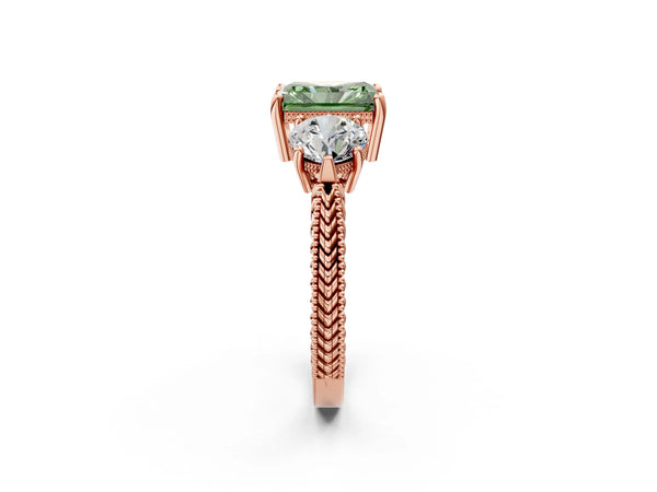 Rose Gold Radiant Cut Vintage Three Stone Engagement Ring Setting for Fancy Green Center