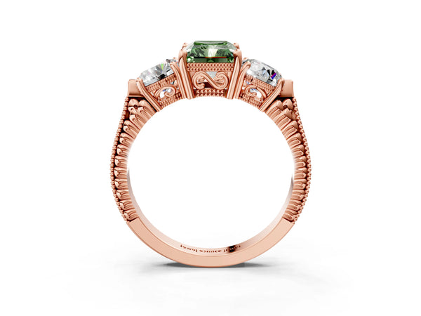 Rose Gold Radiant Cut Vintage Three Stone Engagement Ring Setting for Fancy Green Center