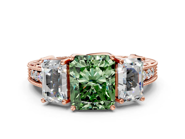 Rose gold Three-Stone Fancy Green Radiant Cut Cut Milgrain Pavé Engagement Ring