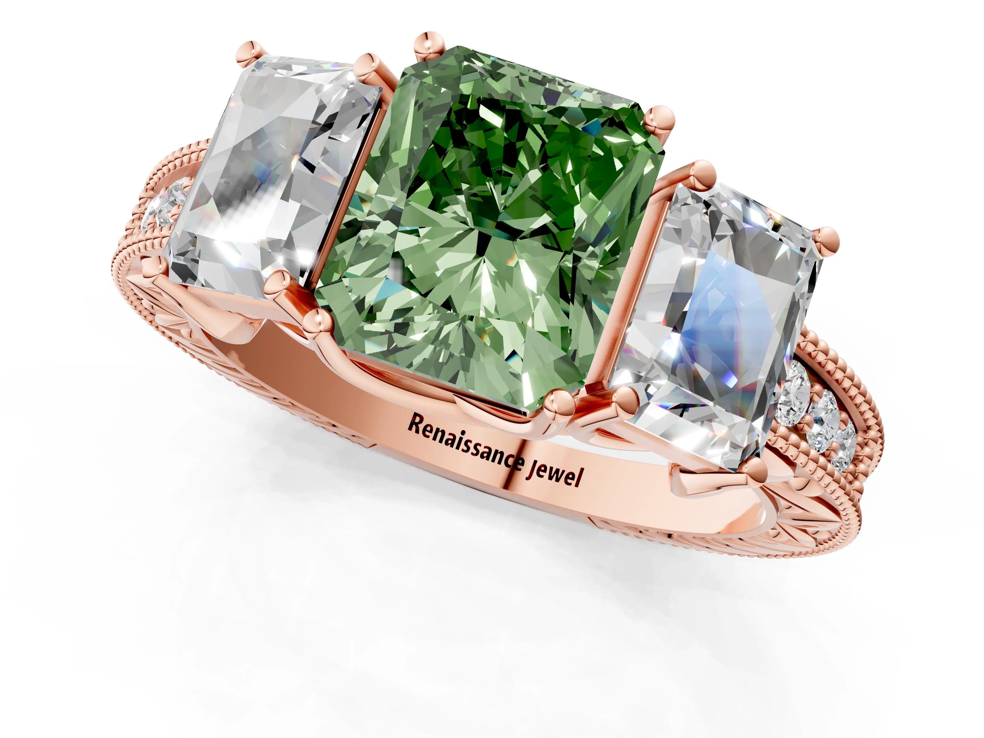 Rose gold Three-Stone Fancy Green Radiant Cut Cut Milgrain Pavé Engagement Ring_1