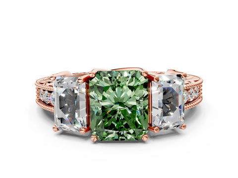 Rose gold Three-Stone Fancy Green Radiant Cut Cut Milgrain Pavé Engagement Ring_12