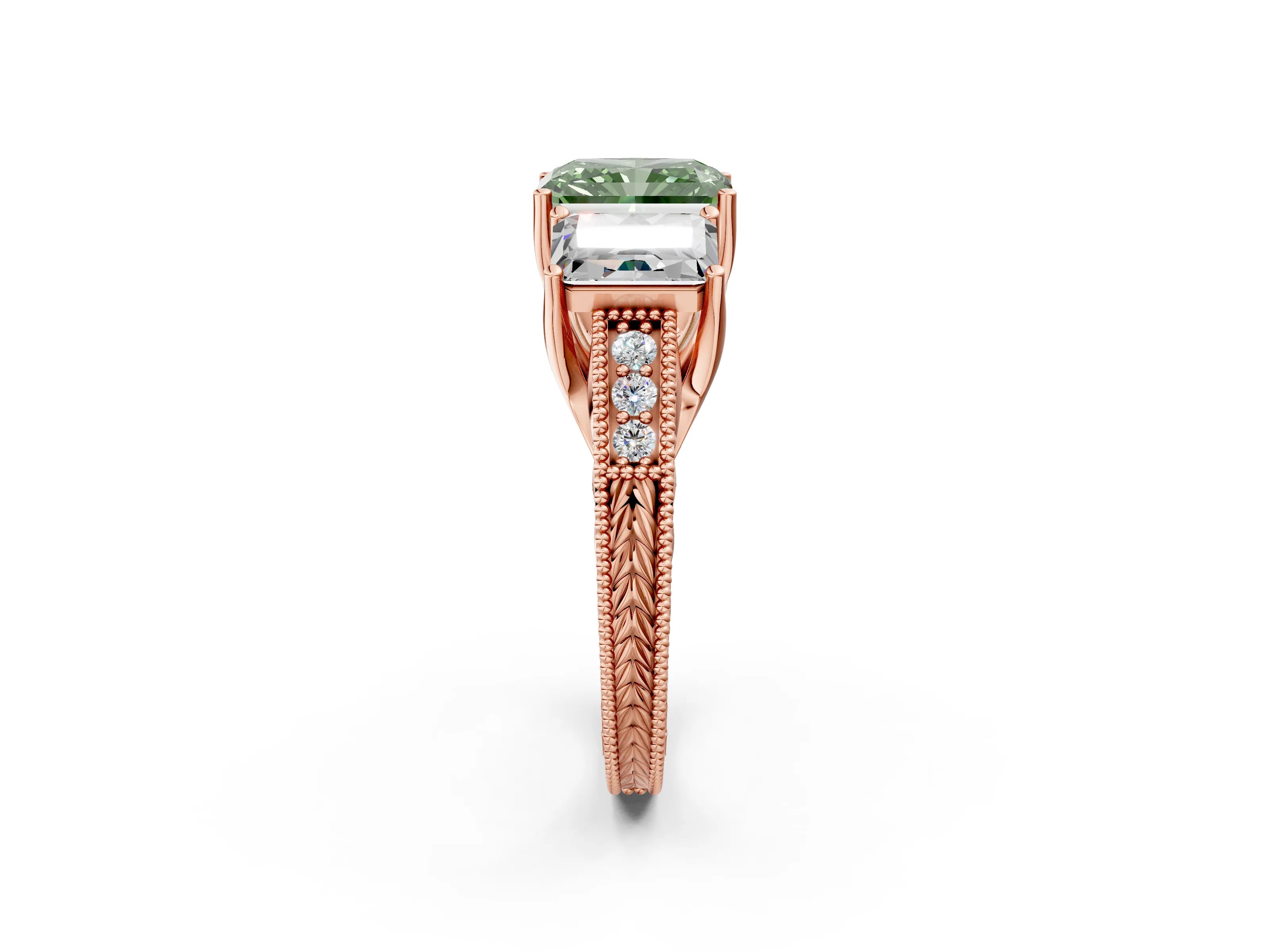 Rose gold Three-Stone Fancy Green Radiant Cut Cut Milgrain Pavé Engagement Ring_14