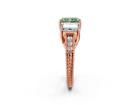 Rose gold Three-Stone Fancy Green Radiant Cut Cut Milgrain Pavé Engagement Ring_14