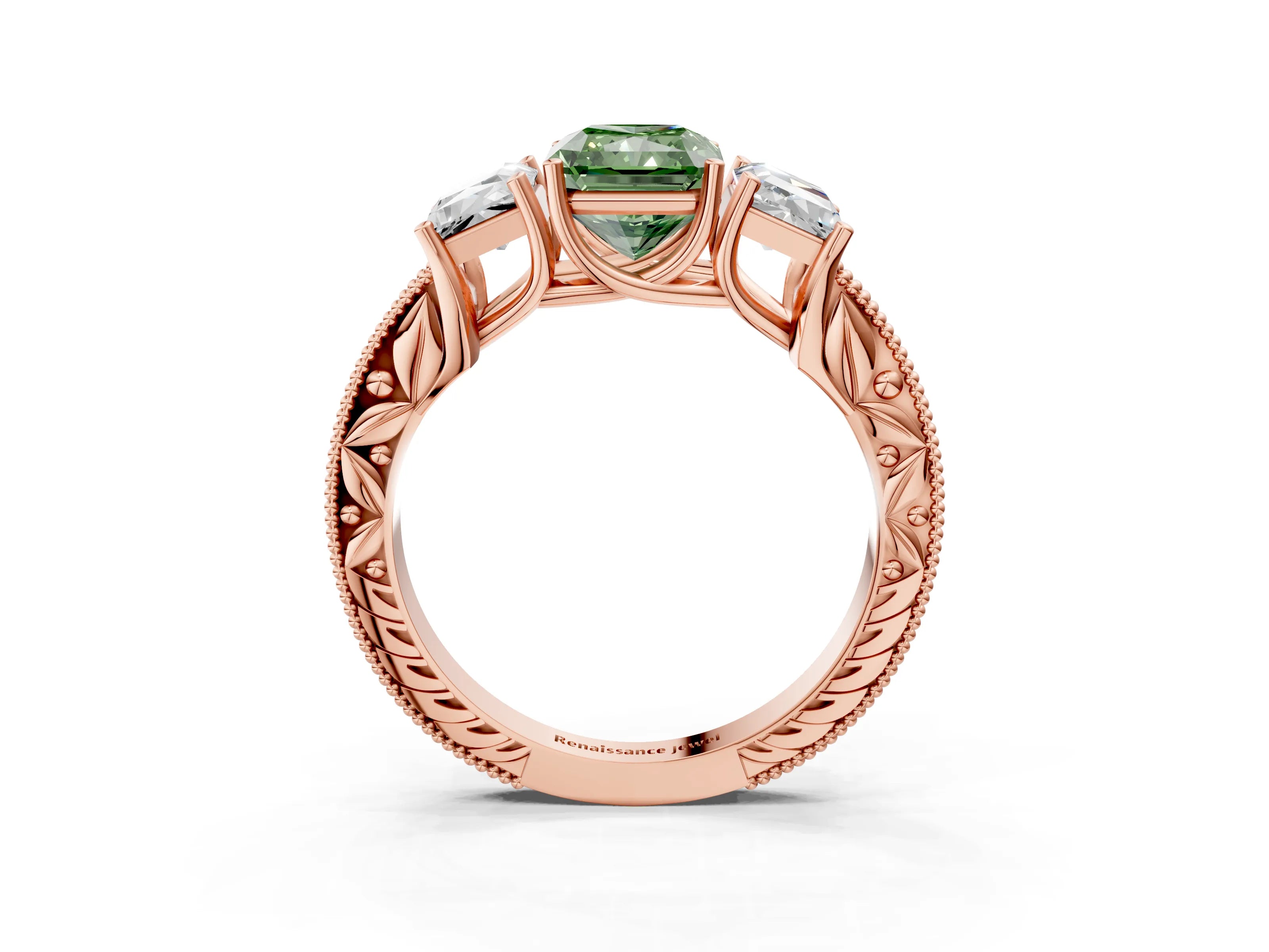 Rose gold Three-Stone Fancy Green Radiant Cut Cut Milgrain Pavé Engagement Ring_15