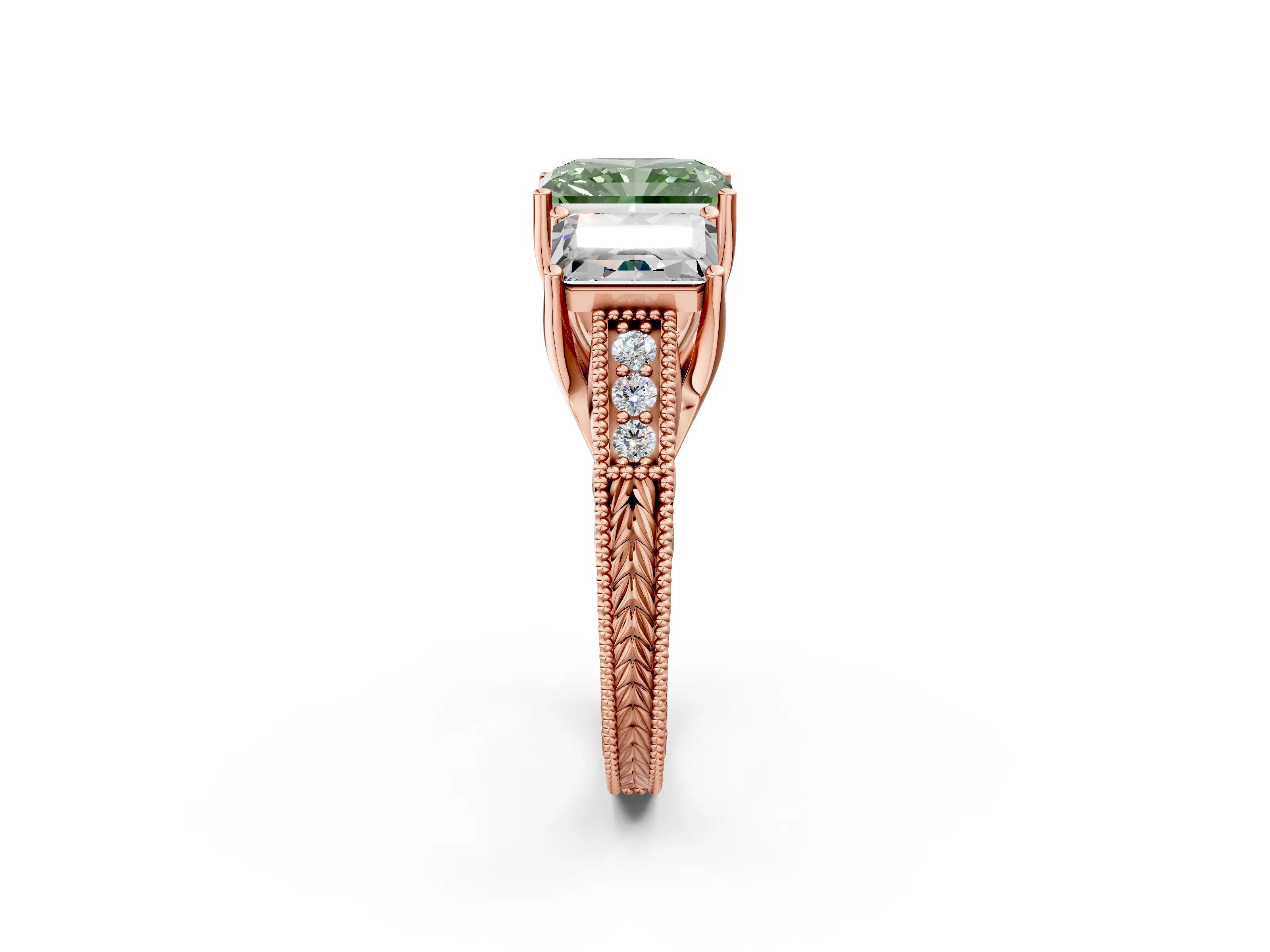 Rose gold Three-Stone Fancy Green Radiant Cut Cut Milgrain Pavé Engagement Ring_2