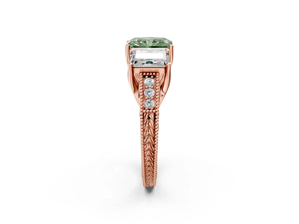 Rose gold Three-Stone Fancy Green Radiant Cut Cut Milgrain Pavé Engagement Ring