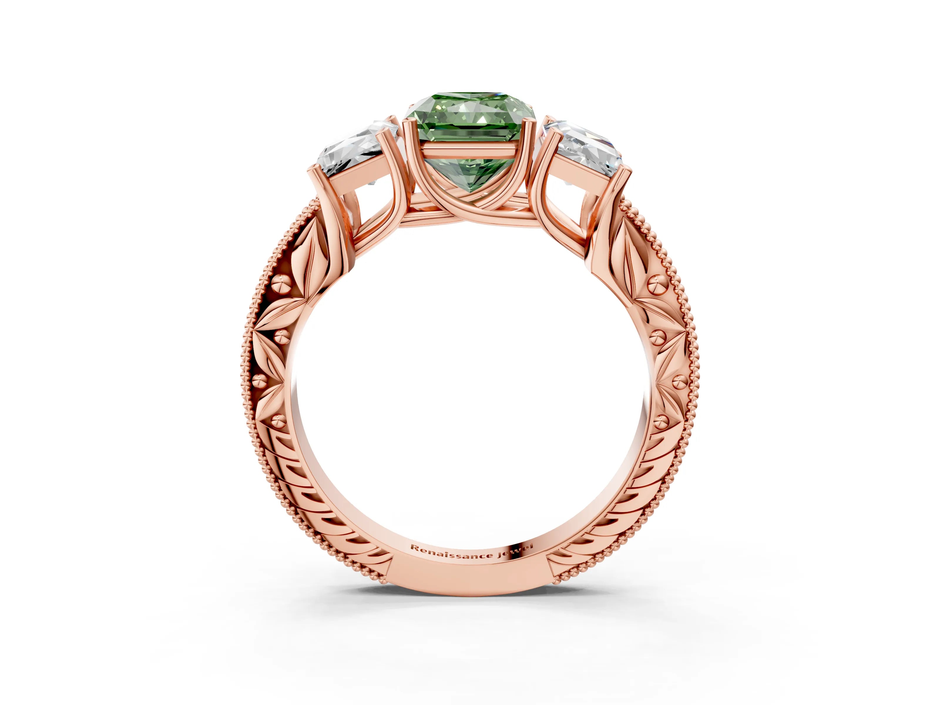Rose gold Three-Stone Fancy Green Radiant Cut Cut Milgrain Pavé Engagement Ring_3