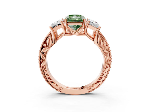 Rose gold Three-Stone Fancy Green Radiant Cut Cut Milgrain Pavé Engagement Ring
