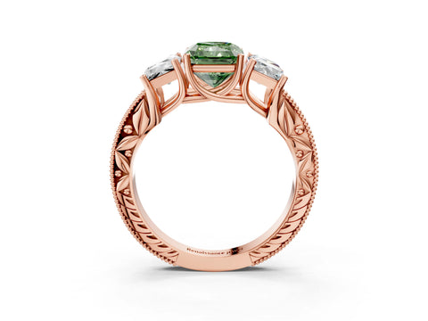 Rose gold Three-Stone Fancy Green Radiant Cut Cut Milgrain Pavé Engagement Ring_3
