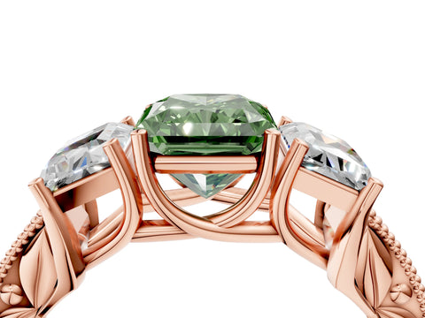 Rose gold Three-Stone Fancy Green Radiant Cut Cut Milgrain Pavé Engagement Ring_4