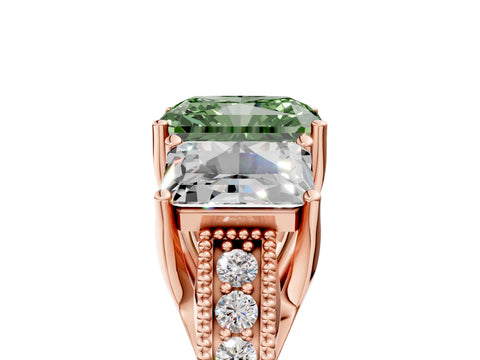 Rose gold Three-Stone Fancy Green Radiant Cut Cut Milgrain Pavé Engagement Ring_5