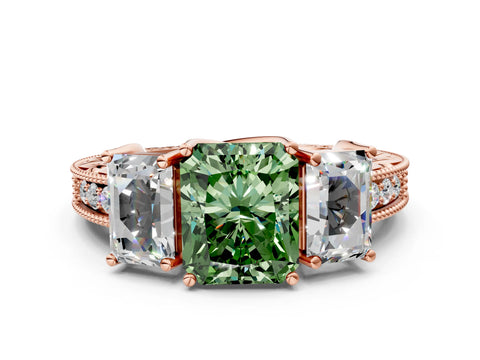Rose gold Three-Stone Fancy Green Radiant Cut Cut Milgrain Pavé Engagement Ring