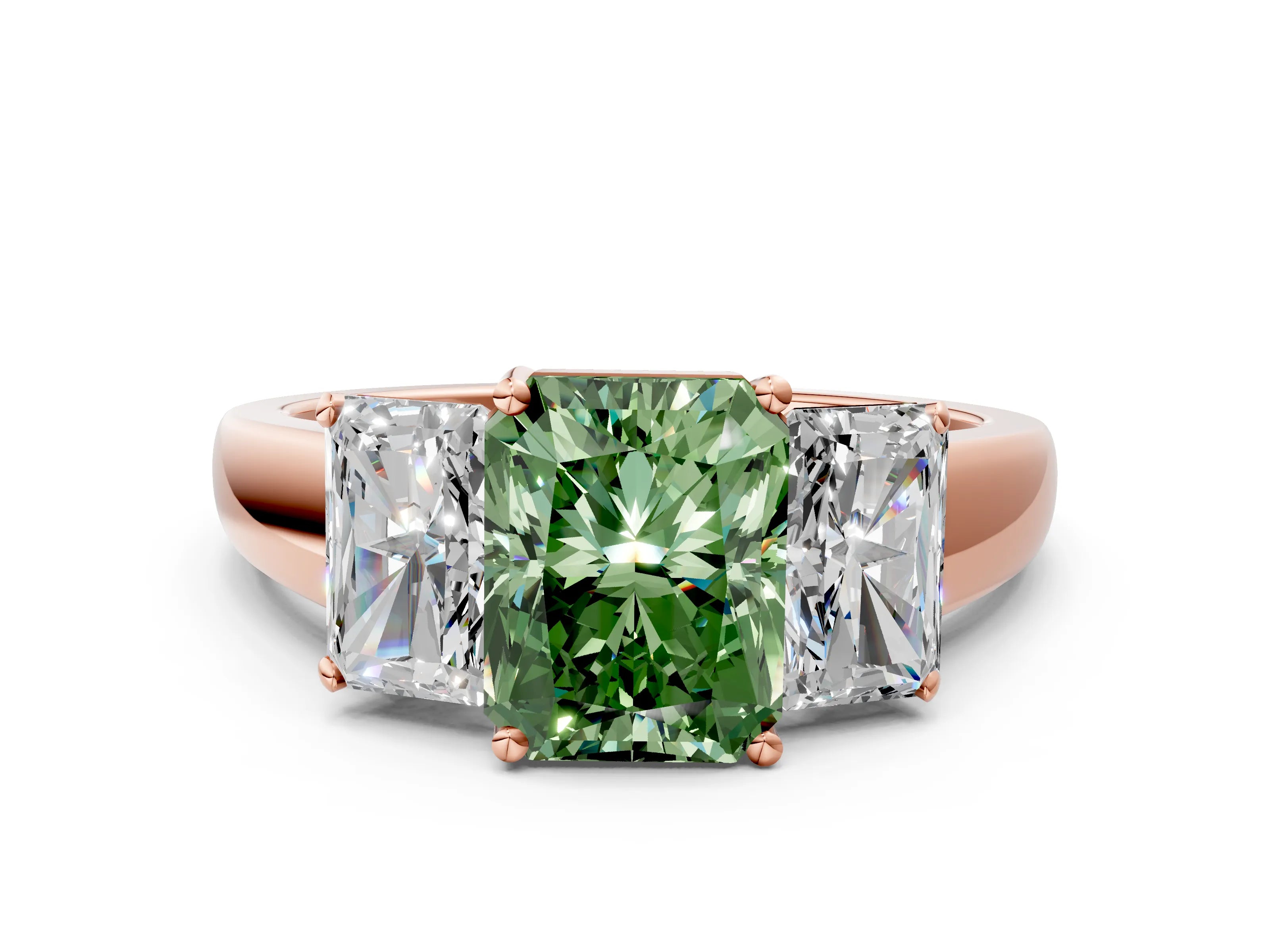 Rose gold Three-Stone Fancy Green Radiant Cut Cut Solitaire Ring with Classic Prong Setting