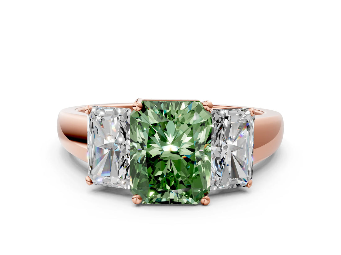 Rose gold Three-Stone Fancy Green Radiant Cut Cut Solitaire Ring with Classic Prong Setting