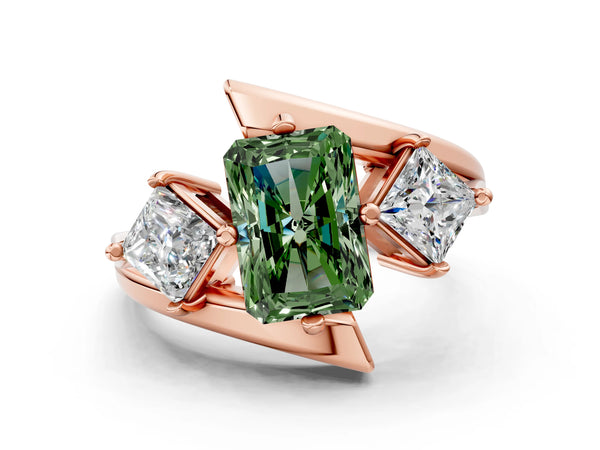 Rose gold Three-Stone Fancy Green Radiant Cut Cut Tension Band Ring with Four-Prong Setting
