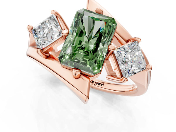 Rose gold Three-Stone Fancy Green Radiant Cut Cut Tension Band Ring with Four-Prong Setting