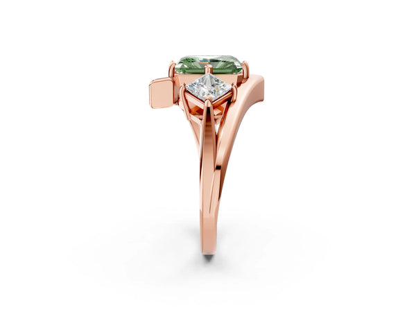 Rose gold Three-Stone Fancy Green Radiant Cut Cut Tension Band Ring with Four-Prong Setting