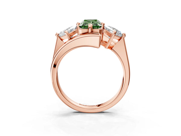 Rose gold Three-Stone Fancy Green Radiant Cut Cut Tension Band Ring with Four-Prong Setting