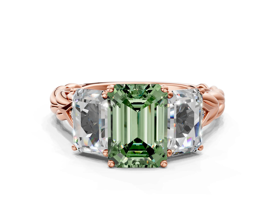 Rose gold Three-Stone Fancy Green Radiant Cut Diamond Braided Band Ring with Four-Prong Setting_105