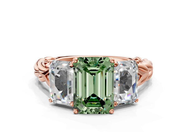 Rose gold Three-Stone Fancy Green Radiant Cut Diamond Braided Band Ring with Four-Prong Setting
