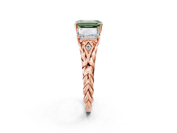 Rose gold Three-Stone Fancy Green Radiant Cut Diamond Braided Band Ring with Four-Prong Setting