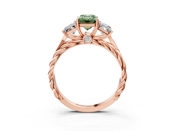 Rose gold Three-Stone Fancy Green Radiant Cut Diamond Braided Band Ring with Four-Prong Setting