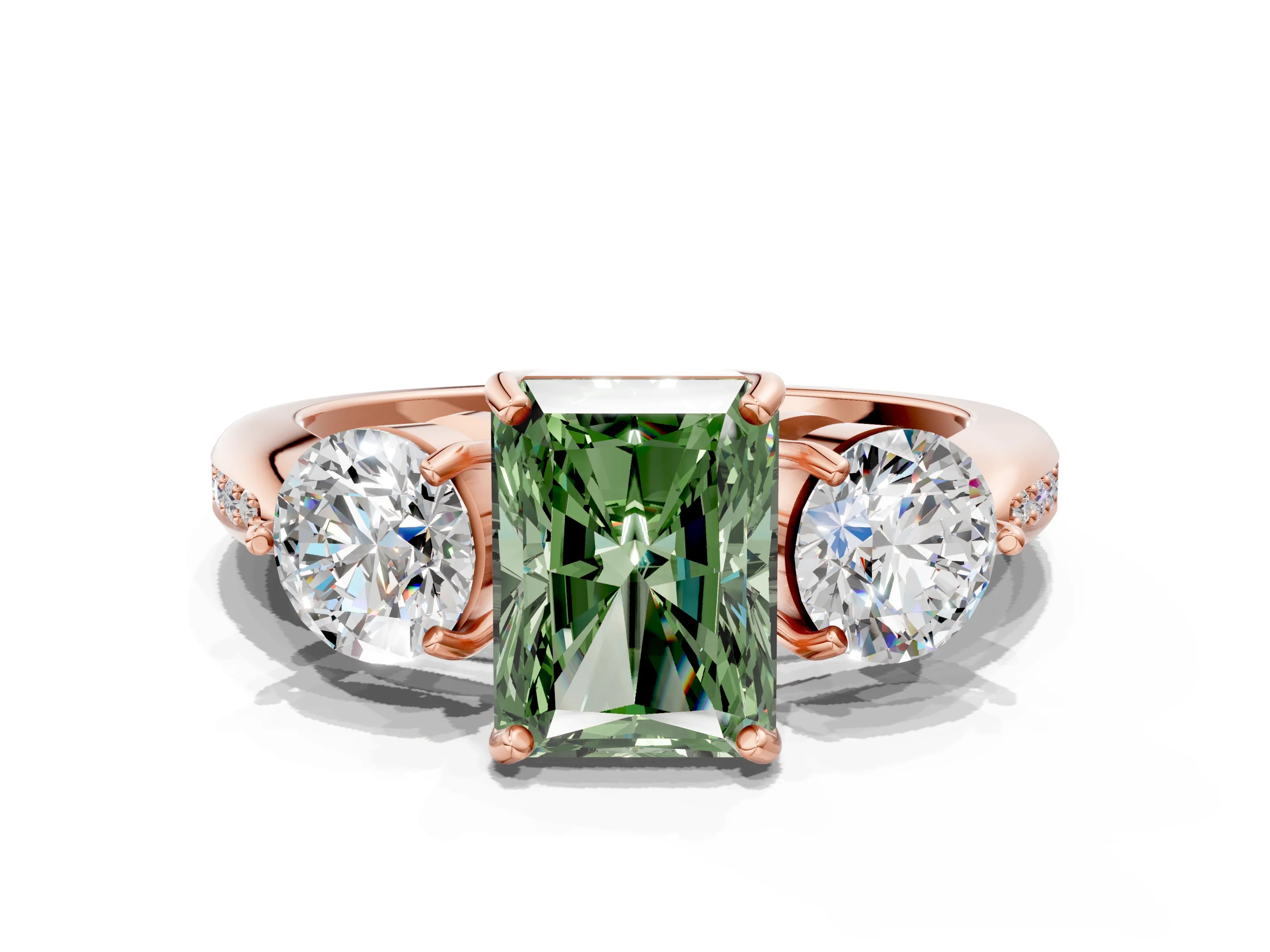 Rose gold Three-Stone Fancy Green Radiant Cut Diamond Channel Set Engagement Ring with Prong Setting